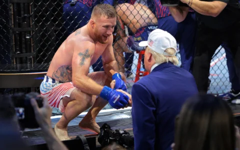 Justin Gaethje celebrates after defeating Ilia Topuria at UFC Freedom 250 on the White House South Lawn
