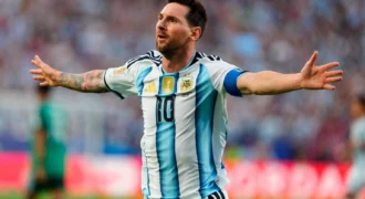 Lionel Messi celebrates his hat-trick goal for Argentina against Algeria at the 2026 FIFA World Cup